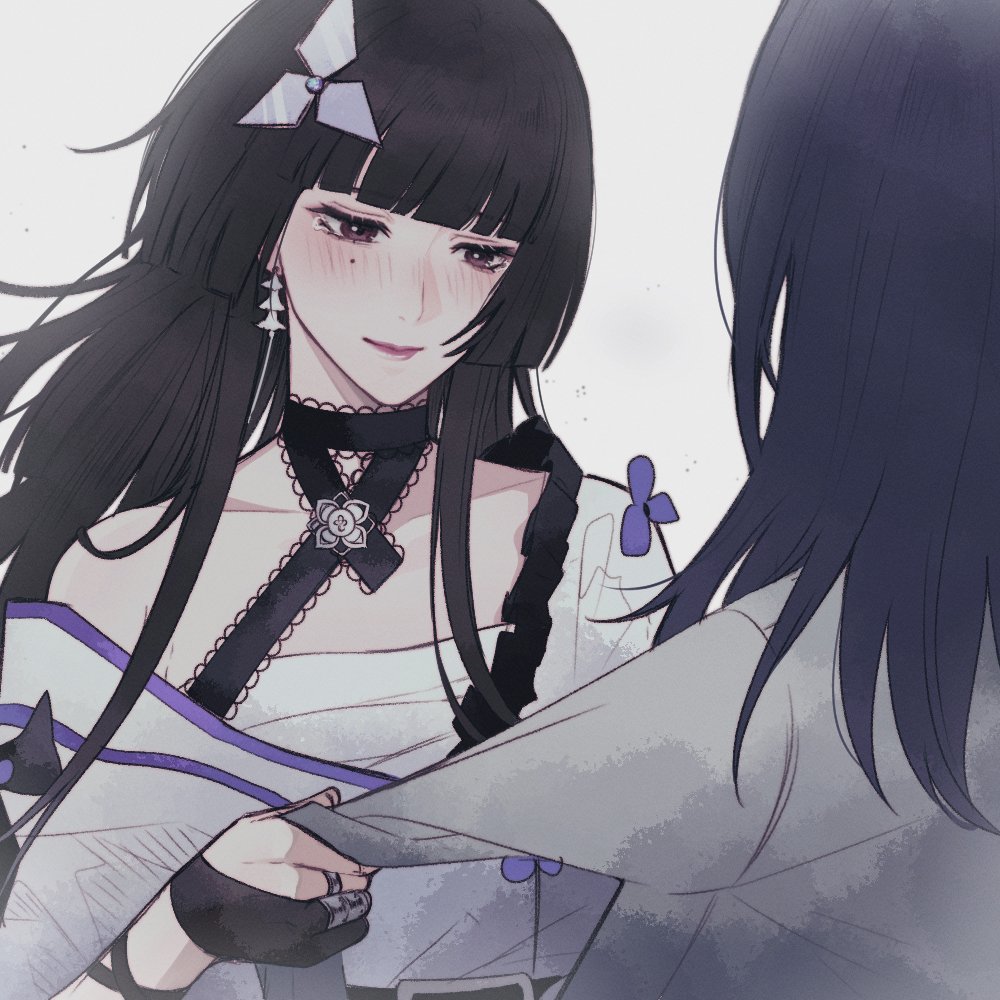 2girls, angon623, artist_glove, black_hair, black_ribbon, blunt_bangs, blunt_ends, blush