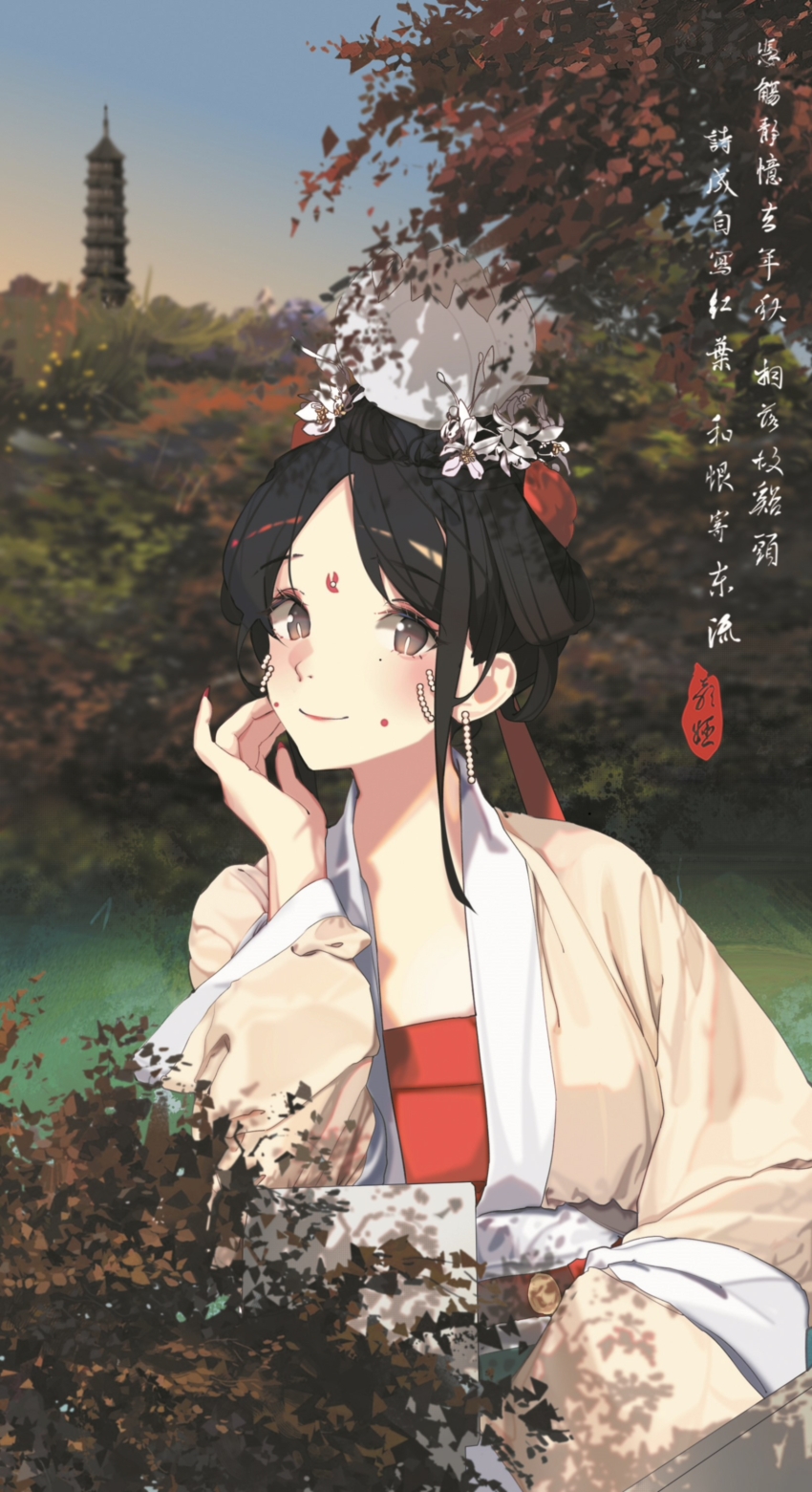 1girl, absurdres, anata_no_utahime_(lzr13708949567), architecture, black_hair, blush, brown_eyes, chinese_clothes