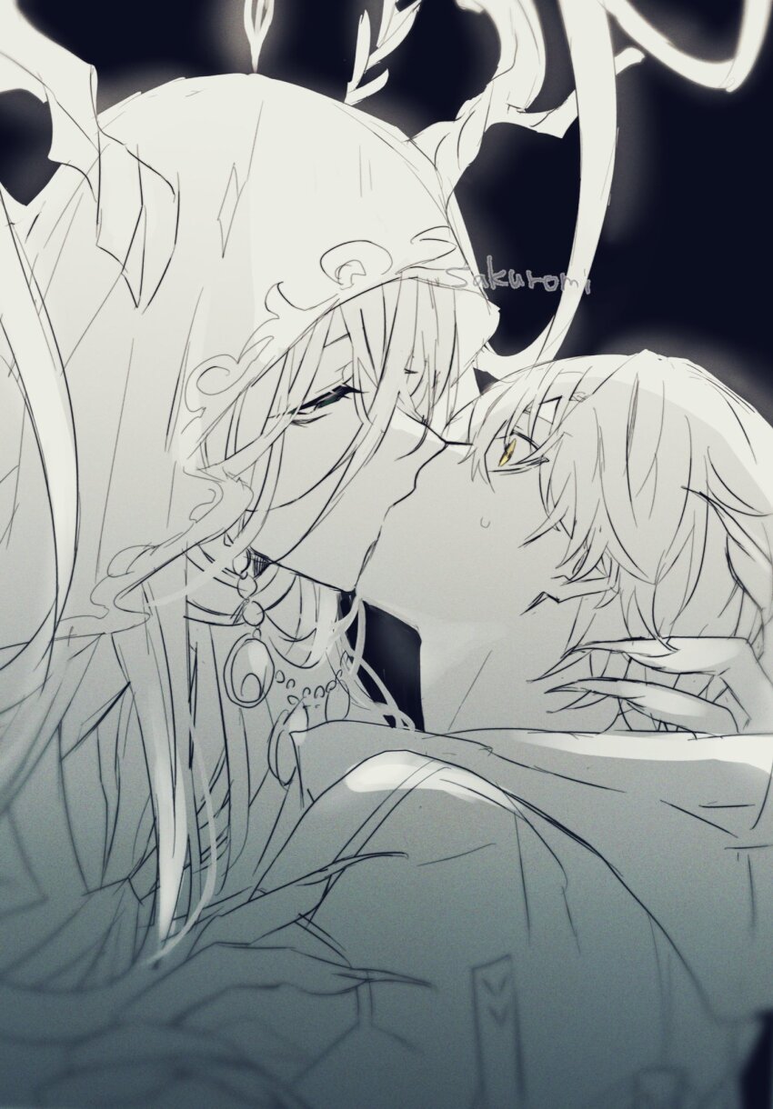 1boy, 1other, antlers, artist_name, black_background, caelus_(honkai:_star_rail), fingernails, greyscale