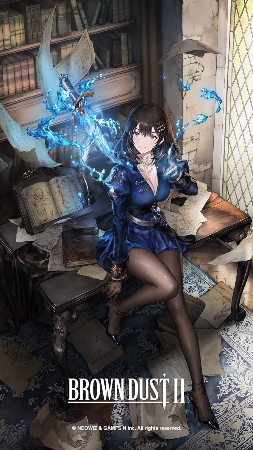 1girl, adjusting_footwear, artist_request, belt, black_footwear, black_hair, book, bookshelf, breasts, brown_dust_(series), brown_dust_2, brown_eyes, brown_gloves, brown_pantyhose, closed_mouth, copyright_name, dagger, eyebrows_hidden_by_hair, flying_paper, full_body, gem, gloves, glowing, glowing_weapon, hair_between_eyes, hair_ornament, hairclip, high_heels, highres, hydrokinesis, juliet_sleeves, knees_together_feet_apart, knife, large_breasts, long_sleeves, looking_up, official_art, official_wallpaper, open_book, pantyhose, paper, pointing, puffy_sleeves, rug, scheherazade_(brown_dust), scheherazade_(the_lapis_witch)_(brown_dust), second-party_source, shirt, sitting, sitting_on_table, smile, solo, stiletto_heels, water, weapon, white_shirt, window_shadow, wooden_floor