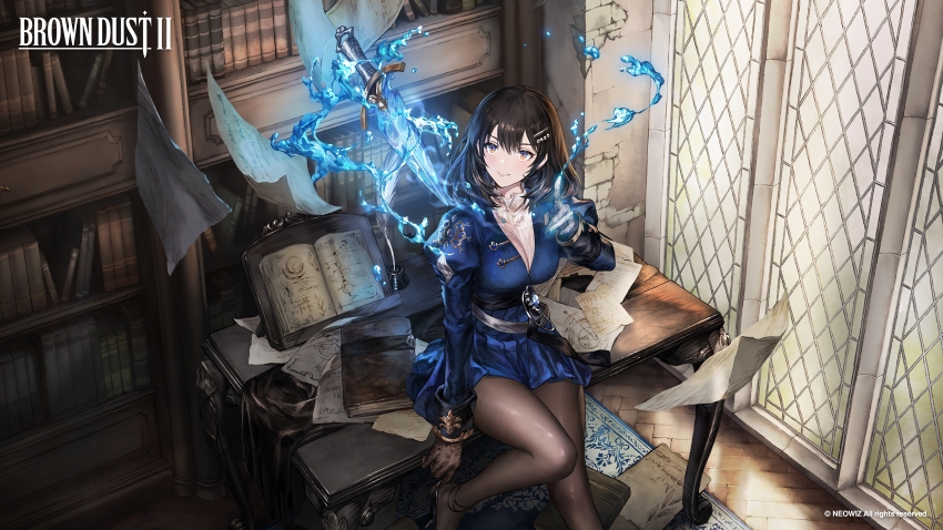 1girl, absurdres, adjusting_footwear, artist_request, belt, black_footwear, black_hair, book, bookshelf, breasts, brown_dust_(series), brown_dust_2, brown_eyes, brown_gloves, brown_pantyhose, closed_mouth, copyright_name, dagger, eyebrows_hidden_by_hair, feet_out_of_frame, flying_paper, gem, gloves, glowing, glowing_weapon, hair_between_eyes, hair_ornament, hairclip, highres, hydrokinesis, juliet_sleeves, knees_together_feet_apart, knife, large_breasts, long_sleeves, looking_up, official_art, official_wallpaper, open_book, pantyhose, paper, pointing, puffy_sleeves, rug, scheherazade_(brown_dust), scheherazade_(the_lapis_witch)_(brown_dust), second-party_source, shirt, sitting, sitting_on_table, smile, solo, water, weapon, white_shirt, window_shadow, wooden_floor