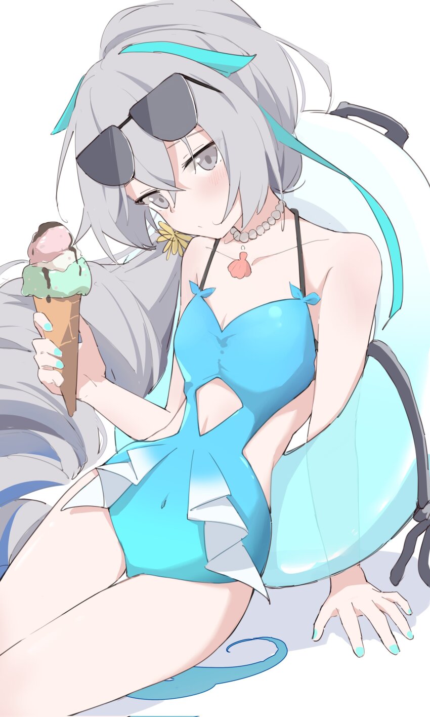 1girl, absurdres, blue_nails, blue_one-piece_swimsuit, breasts, bronya_zaychik, bronya_zaychik_(herrscher_of_truth), bronya_zaychik_(summer_2023), closed_mouth, covered_navel, drill_hair, eyewear_on_head, food, grey_eyes, grey_hair, highres, holding, holding_food, honkai_(series), honkai_impact_3rd, ice_cream, innertube, liliya_qiaokuoai, long_hair, looking_at_viewer, nail_polish, one-piece_swimsuit, simple_background, small_breasts, solo, sunglasses, swim_ring, swimsuit, very_long_hair, white_background