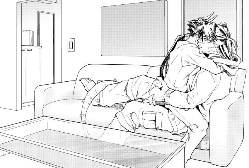 2boys, animal_ears, arknights, barefoot, beard, body_fur, chongyue_(arknights), claws