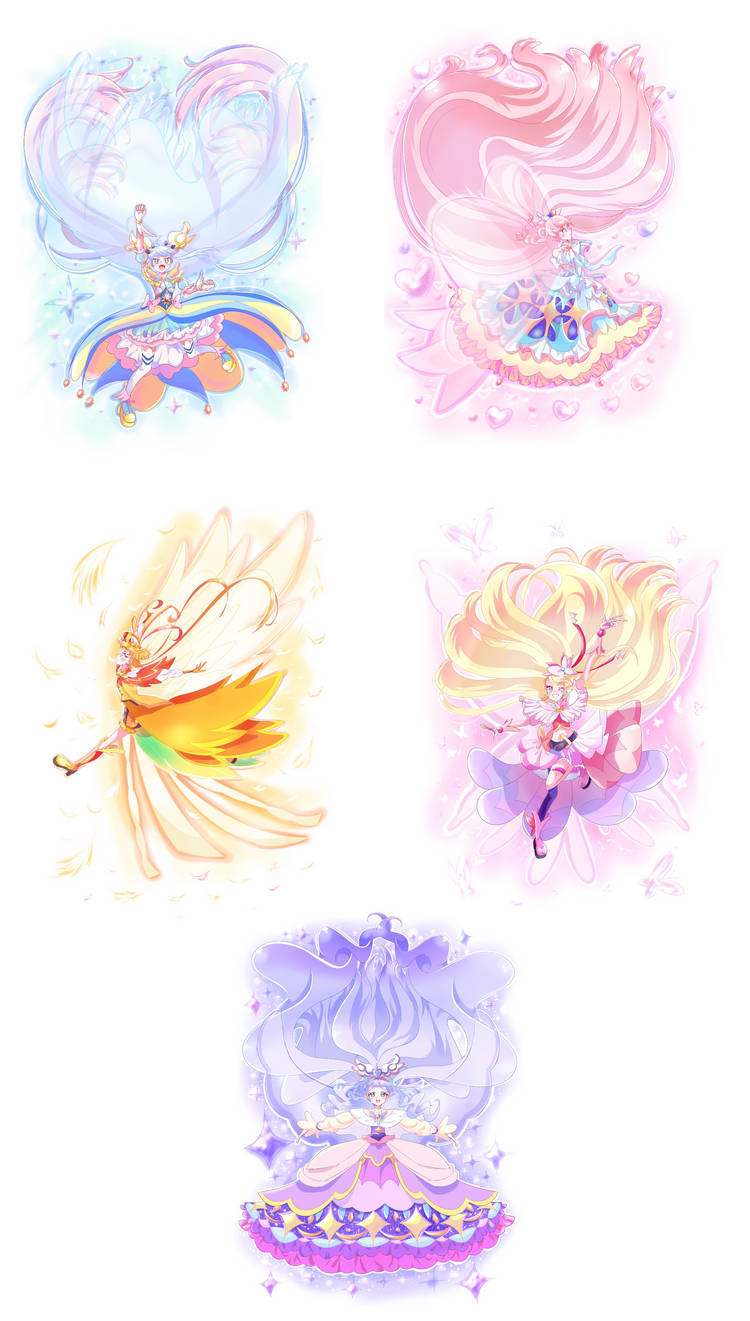 1boy, 4girls, blonde_hair, blue_dress, blue_hair, cape, cure_butterfly, cure_butterfly_(enchanted_form), cure_majesty, cure_majesty_(enchanted_form), cure_prism, cure_prism_(enhanced_form), cure_sky, cure_sky_(enhanced_form), cure_wing, cure_wing_(enhanced_form), cure_wing_(enhaned_form), dress, ellee-chan, enchanted_form, gown, highres, hijiri_ageha, knoah, light_blue_hair, long_hair, multiple_girls, nijigaoka_mashiro, non-web_source, orange_hair, pink_hair, purple_hair, shoes, socks, sora_harewataru, very_long_hair, yuunagi_tsubasa