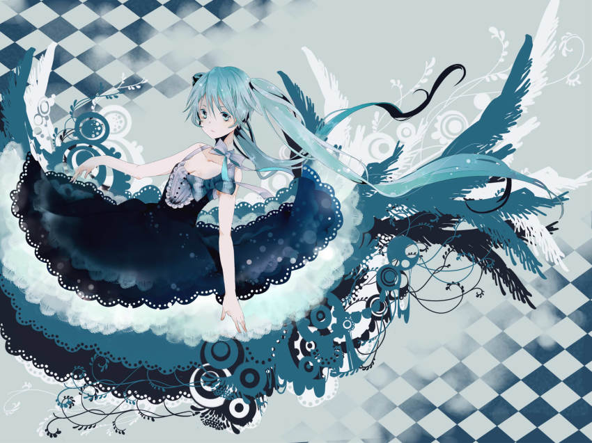 1girl, aqua_eyes, aqua_hair, bati15, bow, breasts, checkered_background, cleavage