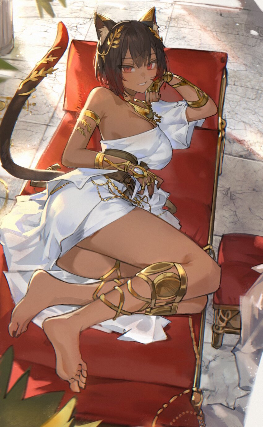 1girl, animal_ear_fluff, animal_ears, armlet, barefoot, black_hair, black_nails, breasts