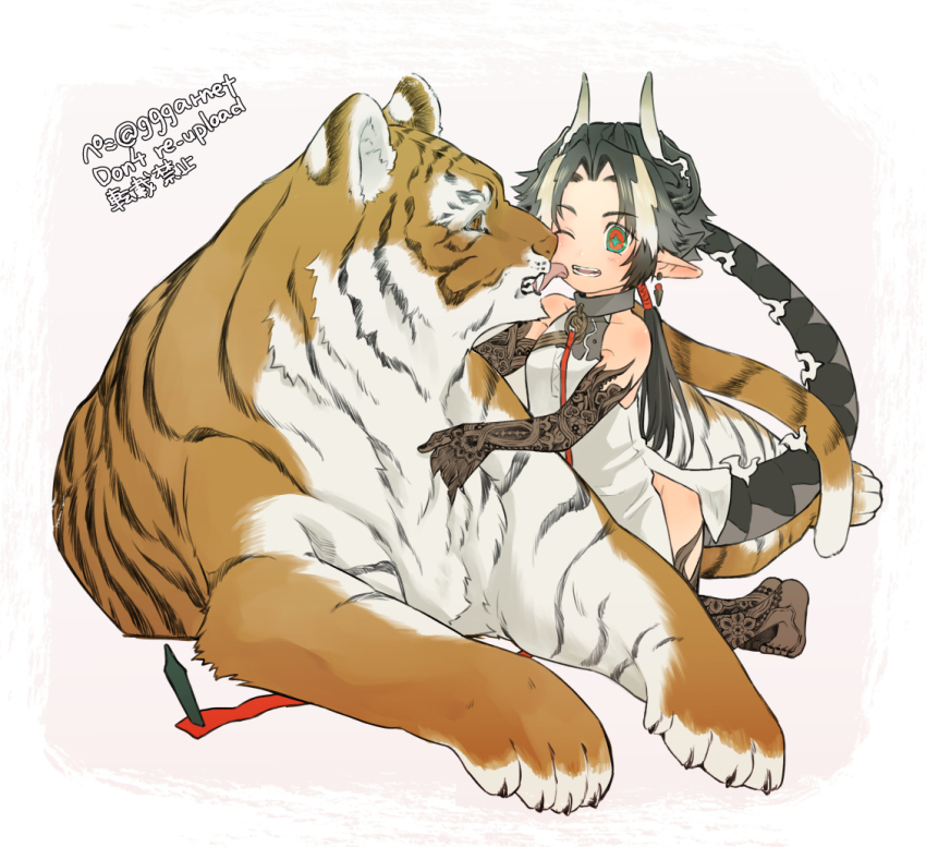 1boy, aged_down, animal, animalization, arknights, arm_tattoo, artist_name, black_hair, blonde_hair, bottomless, chongyue_(arknights), commentary_request, cross-shaped_pupils, dragon_boy, dragon_horns, dragon_tail, earrings, gggarnet, green_eyes, green_pupils, horns, huai_tianpei_(arknights), jewelry, kneeling, leg_tattoo, licking, licking_another's_face, long_hair, looking_at_another, low_ponytail, male_focus, multicolored_eyes, multicolored_hair, one_eye_closed, open_mouth, pink_background, pointy_ears, ponytail, red_eyes, shota, simple_background, sleeveless, solo, streaked_hair, symbol-shaped_pupils, tail, tattoo, tiger, twitter_username