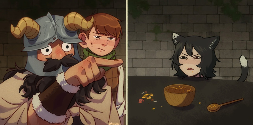 1girl, 2boys, animal_ears, beard, black_hair, blush, bowl, bracelet, brown_hair, cape, cat_ears, chilchuck_tims, dungeon_meshi, facial_hair, fake_horns, helmet, highres, horns, izutsumi, jewelry, meme, multiple_boys, mustache, pointing, senshi_(dungeon_meshi), short_hair, spoon, sweatdrop, table, tail, winnie62123994, woman_yelling_at_cat_(meme), wood_spoon