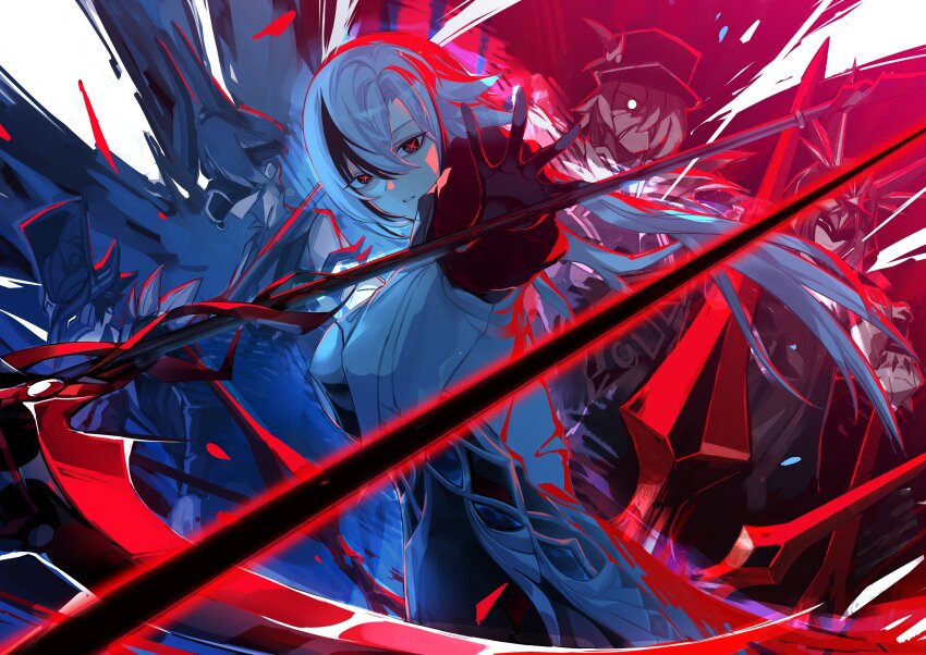 1girl, 2girls, 3boys, absurdres, arlecchino_(genshin_impact), bandaged_hand, bandages, black_eyes