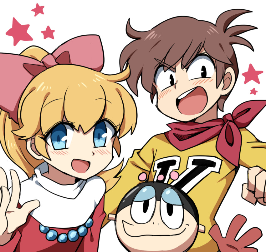 1boy, 1girl, 1other, bariquand_(chargeman_ken!), black_eyes, blonde_hair, blue_eyes, bodysuit