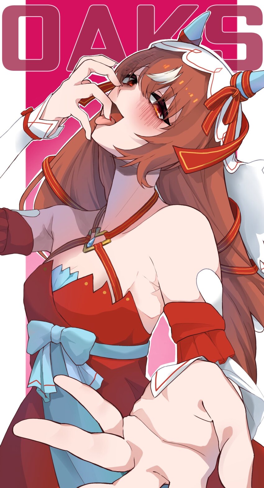 1girl, 2hin03, absurdres, animal_ears, armpits, blush, breasts, brown_hair