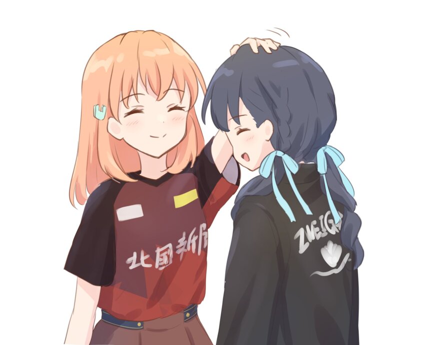 2girls, baseball_jersey, black_coat, blue_hair, blue_ribbon, brown_skirt, closed_mouth, clothes_writing