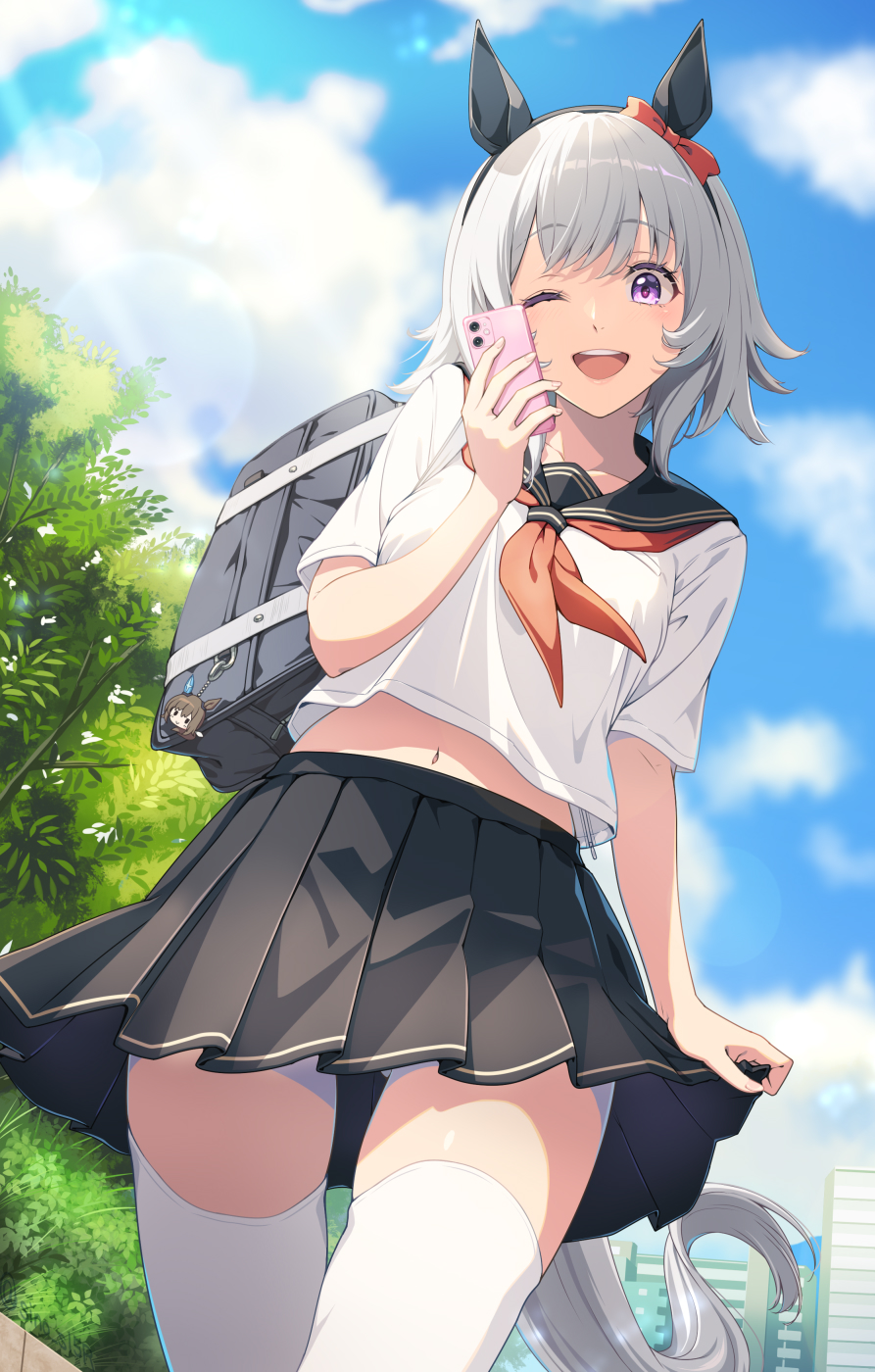 1girl, admire_vega_(umamusume), alternate_costume, animal_ears, bag, bag_charm, black_hairband, black_sailor_collar
