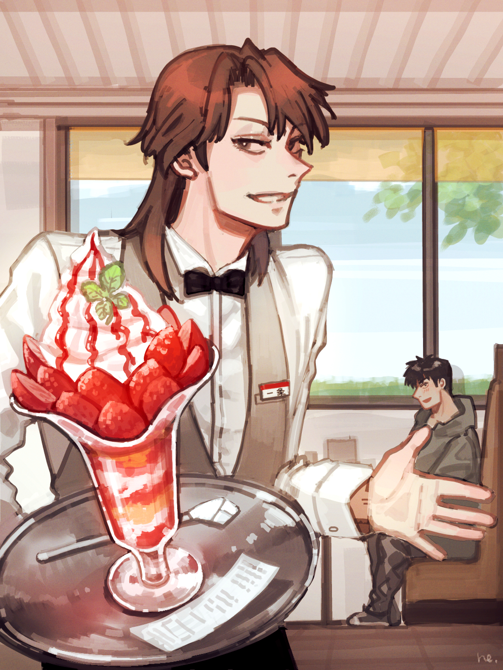 2boys, black_bow, black_bowtie, black_hair, bow, bowtie, brown_eyes, brown_hair