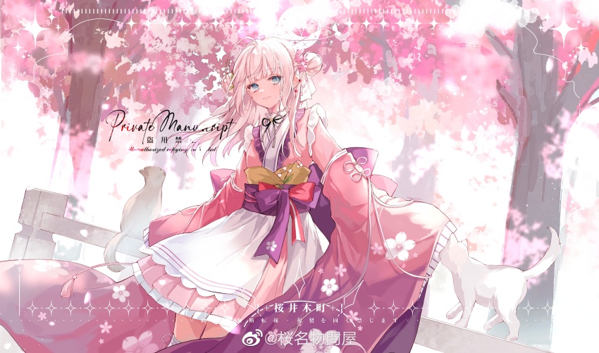 1girl, absurdres, ahoge, apron, back_bow, black_cat, black_ribbon, blue_eyes