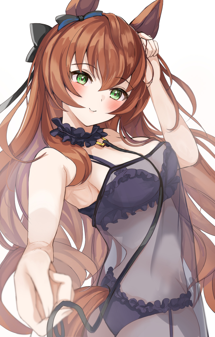 1girl, alternate_costume, animal_ears, aqua_eyes, bare_shoulders, black_bow, black_bra, black_panties