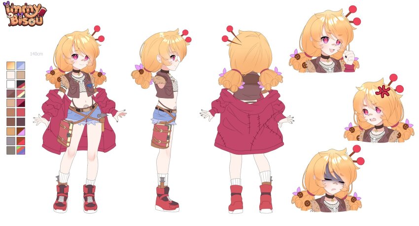 1girl, anger_vein, bandaid, bandaid_on_face, bandaid_on_nose, belt, black_belt, black_choker, black_nails, blonde_hair, blue_shorts, book, brown_vest, button_hair_ornament, character_name, reference_sheet, choker, clenched_hand, closed_eyes, color_guide, cropped_vest, fishnet_top, fishnets, hair_ornament, hair_ribbon, hammer, highres, immy_bisou, jacket, jewelry, logo, missing_tooth, multiple_views, navel, necklace, off_shoulder, open_clothes, open_mouth, open_vest, pink_jacket, pink_pupils, pocket, purple_eyes, purple_ribbon, red_footwear, ribbon, second-party_source, shaded_face, shoes, shorts, skyvee_(artist), smile, socks, stomach_tattoo, symbol-shaped_pupils, tattoo, vallure, vest, virtual_youtuber, white_socks, x-shaped_pupils