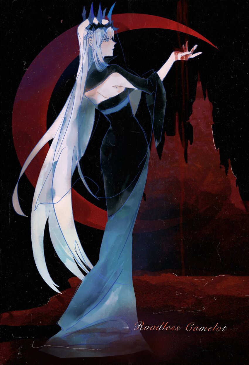 1girl, back_cutout, black_dress, blood, blue_eyes, clothing_cutout, crown, dress, english_text, fate/grand_order, fate_(series), grey_hair, highres, long_hair, moon, morgan_le_fay_(fate), morgan_le_fay_(fate/apocrypha), new_moon, red_moon, sidelocks, silhouette, solo, two-tone_dress, very_long_hair, yin_(yin_ya)