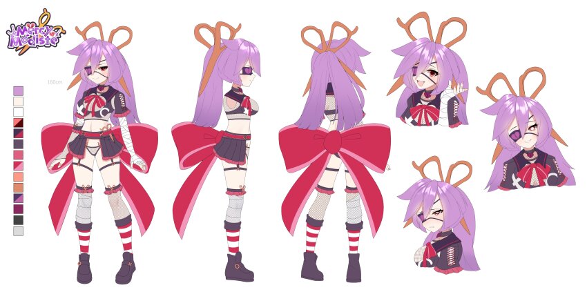 1girl, absurdres, asymmetrical_legwear, asymmetrical_sleeves, back_bow, bandaged_arm, bandaged_leg, bandages, bandaid, bandaid_on_hand, belt, black_bra, black_choker, black_footwear, black_sailor_collar, black_skirt, bow, bra, breasts, broken_heart_print, character_name, reference_sheet, choker, color_guide, multiple_expressions, eyepatch, fishnet_panties, fishnet_sleeves, fishnet_thighhighs, fishnet_top, fishnets, garter_straps, hair_between_eyes, heart, heart-shaped_pupils, heart_choker, highres, linea_alba, logo, long_hair, median_furrow, medium_breasts, mercy_modiste, mismatched_sleeves, multiple_views, pink_bow, pink_nails, purple_hair, red_belt, red_socks, sailor_collar, scissors, scissors_hair_ornament, second-party_source, skirt, skyvee_(artist), smile, socks, striped_clothes, striped_socks, symbol-shaped_pupils, tearing_up, thighhighs, underwear, vallure, virtual_youtuber, white_socks