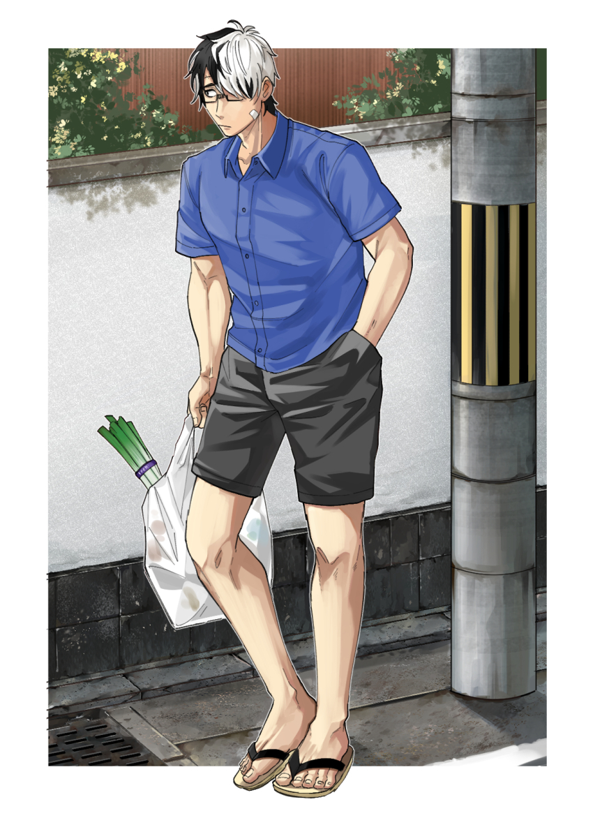 1boy, :/, another_eidos-r, bag, bandaid, bandaid_on_cheek, bandaid_on_face, collared_shirt, full_body, glasses, hair_over_one_eye, highres, holding, holding_bag, itaru_(kidomh63), looking_ahead, male_focus, multicolored_hair, outdoors, plastic_bag, road, shirt, short_hair, shorts, slippers, solo, spring_onion, street, thorkell_(another_eidos), toned, toned_male, two-tone_hair, walking