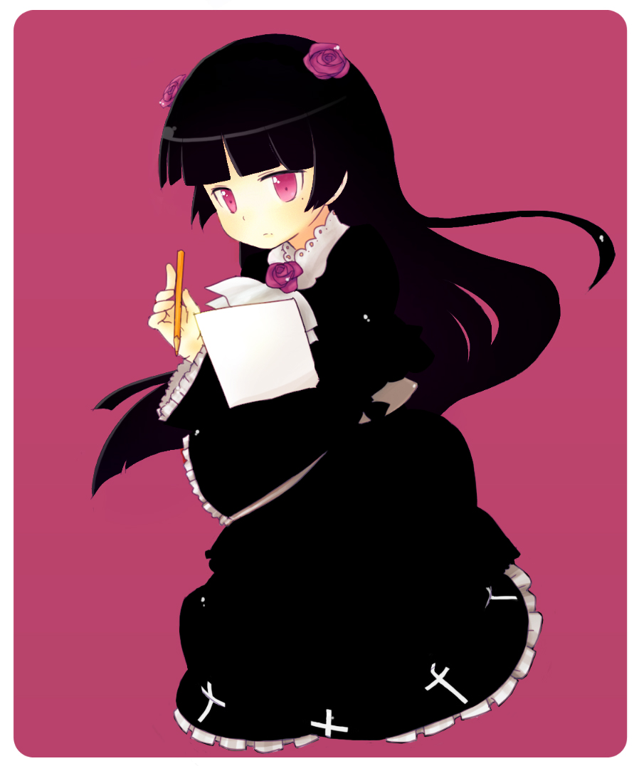 1girl, black_dress, black_hair, blush, dress, female_focus, flower, gokou_ruri, gothic_lolita, hairband, lolita_fashion, long_hair, machi7, mole, mole_under_eye, ore_no_imouto_ga_konna_ni_kawaii_wake_ga_nai, paper, pencil, purple_flower, purple_rose, red_eyes, rose, solo