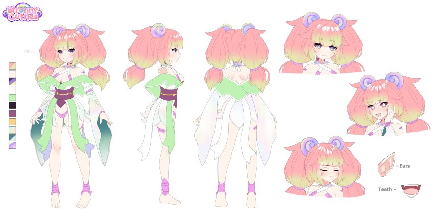 1girl, @_@, absurdres, barefoot, breasts, character_name, reference_sheet, closed_eyes