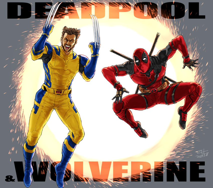 2boys, belt, bodysuit, brown_hair, claw_(weapon), commentary_request, deadpool, deadpool_(series)