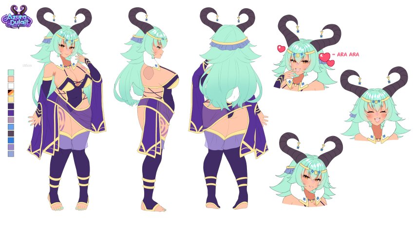 1girl, absurdres, ara_ara, ass, azura_dulait, black_horns, blush, body_markings, breasts, brown_eyes, character_name, cleavage, closed_eyes, collarbone, color_guide, covered_navel, cross-laced_clothes, cross-laced_leotard, dark-skinned_female, dark_skin, detached_sleeves, facial_mark, goat_girl, goat_horns, goat_tail, gold_trim, green_hair, green_nails, green_tail, hair_ornament, heart, highres, horn_ornament, horns, large_breasts, large_horns, leotard, logo, multiple_expressions, multiple_views, nail_polish, open_mouth, purple_leotard, purple_sleeves, purple_thighhighs, reference_sheet, second-party_source, short_eyebrows, skyvee_(artist), smile, stirrup_legwear, tail, thighhighs, toeless_legwear, toenail_polish, toenails, vallure, virtual_youtuber, wide_sleeves