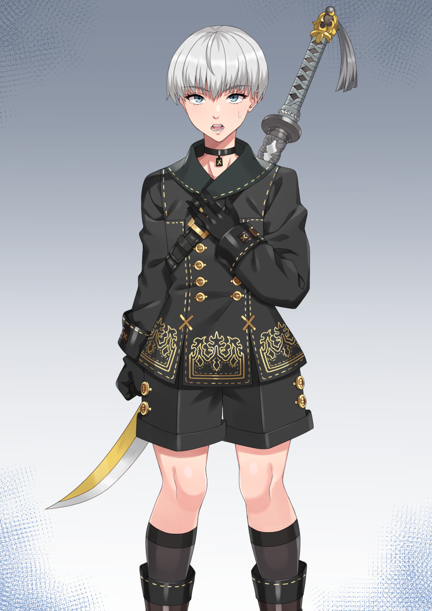 1boy, 9s_(nier:automata), absurdres, black_gloves, black_shorts, black_sleeves, blindfold, blue_eyes