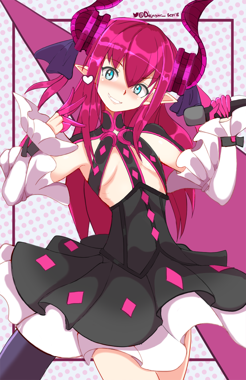 1girl, artist_name, blue_eyes, blush, dejaguar, detached_sleeves, dress, earrings, elizabeth_bathory_(fate), fangs, fate_(series), fingernails, flat_chest, gloves, heart, heart_earrings, highres, horns, jellcaps, jewelry, long_hair, microphone, pink_hair, pointy_ears, polka_dot, polka_dot_background, sharp_fingernails, single_earring, skirt, smile, tail, teeth, v