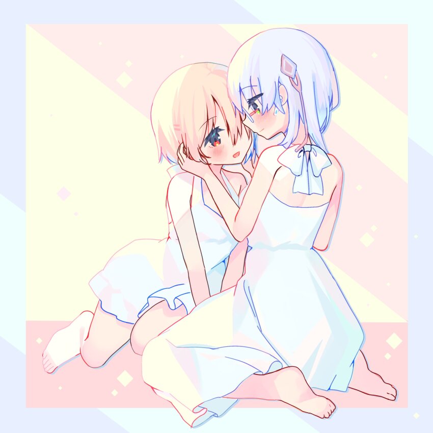 10_(sei), absurdres, blonde_hair, blush, dress, glasses, green_eyes, grey_hair, hair_ornament, hair_over_one_eye, hair_over_shoulder, hairclip, hand_on_another's_chin, heaven_burns_red, highres, izumi_yuki, kayamori_ruka, long_hair, looking_at_another, red_eyes, round_eyewear, short_hair, sitting, wariza, white_dress, yuri