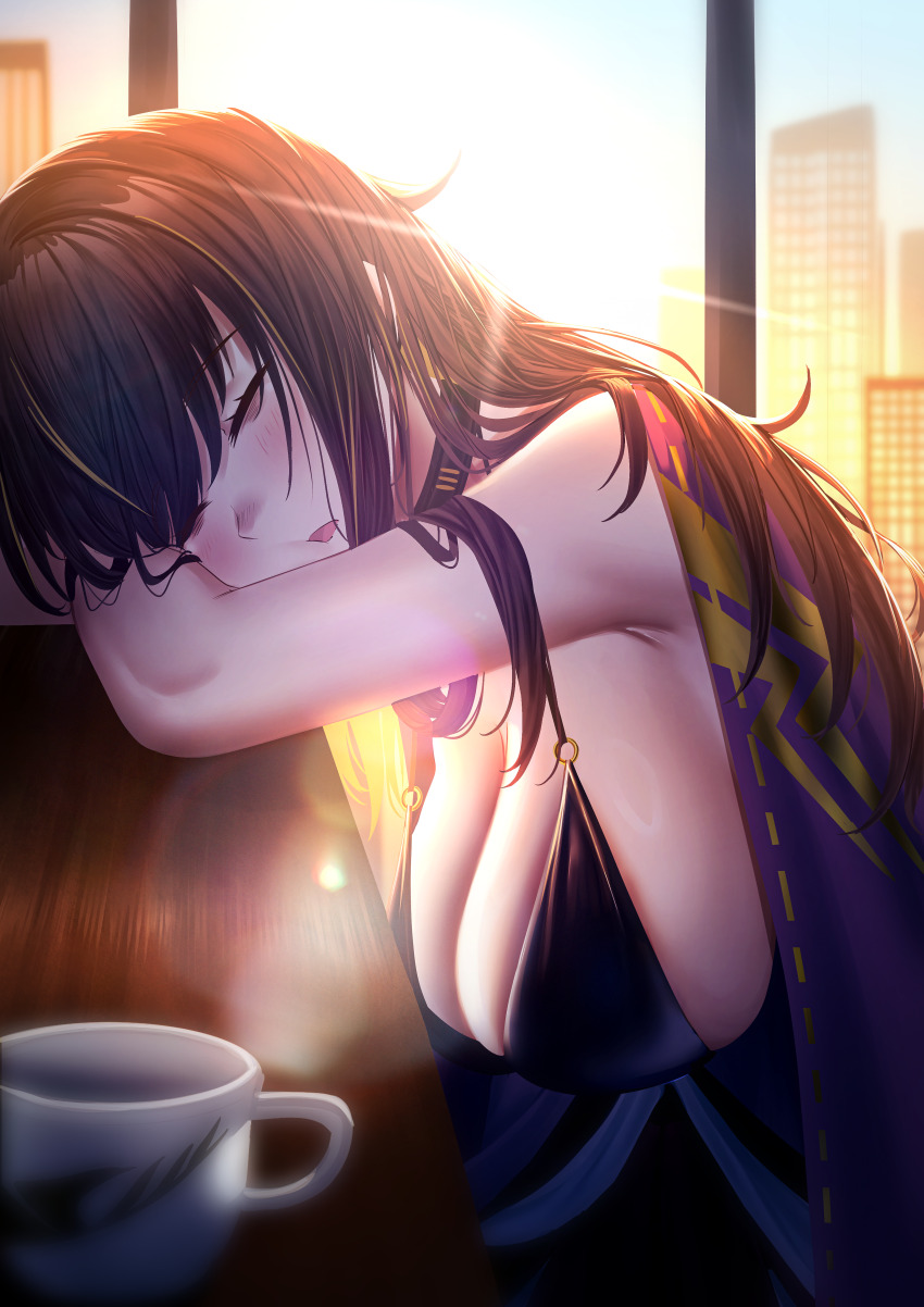 1girl, absurdres, armpit_crease, ash_arms, bar_(place), blush, breasts, building