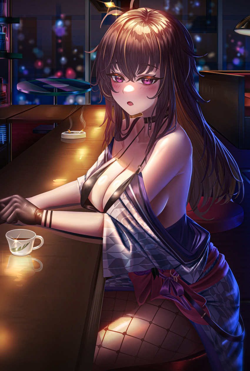 1girl, absurdres, armpit_crease, ash_arms, ashtray, bar_(place), bar_stool, bare_shoulders