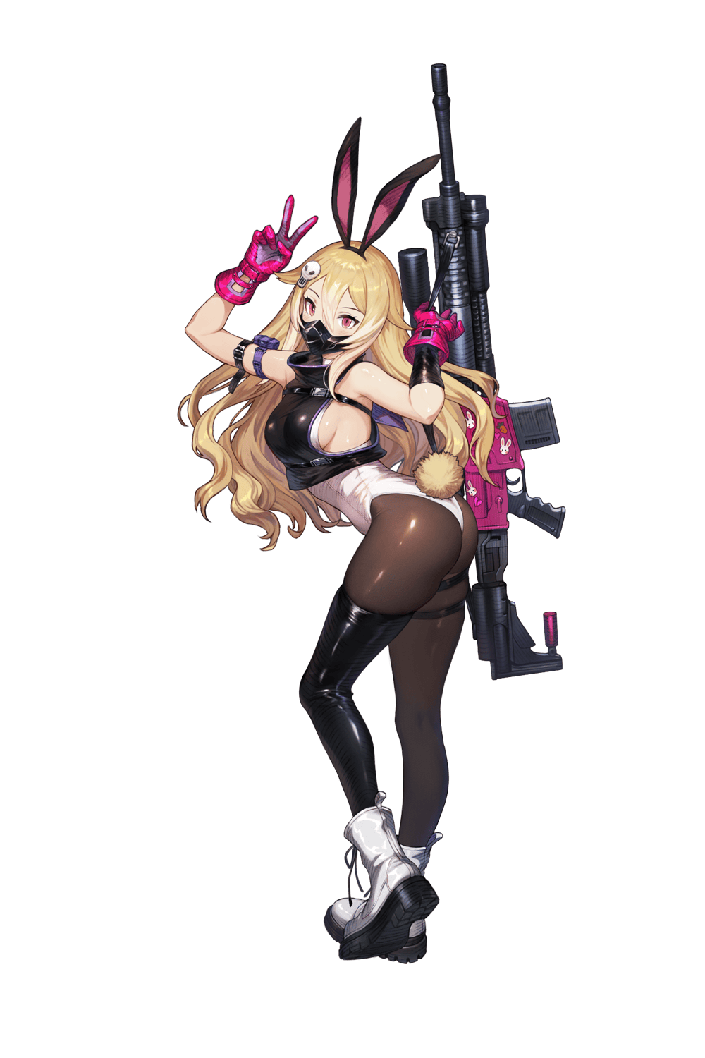 1girl, animal_ears, ankle_boots, armpits, ass, assault_rifle, asymmetrical_gloves, asymmetrical_legwear