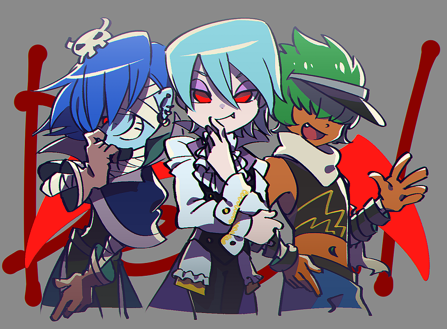 3boys, ascot, ash_(pop'n_music), bemani, black_shirt, blue_skin, brown_gloves, colored_skin