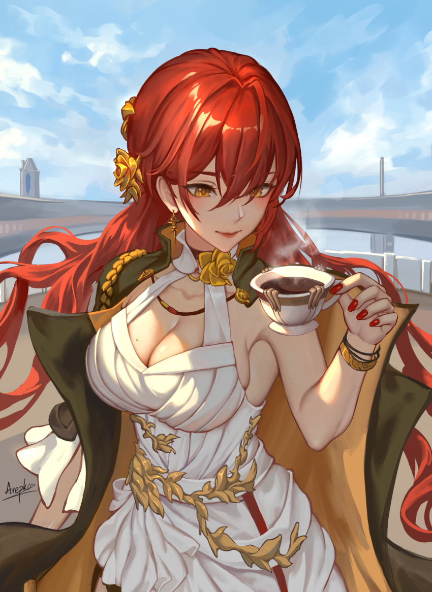 1girl, arepko, armpit_crease, bare_shoulders, black_coat, bracelet, breasts, cleavage