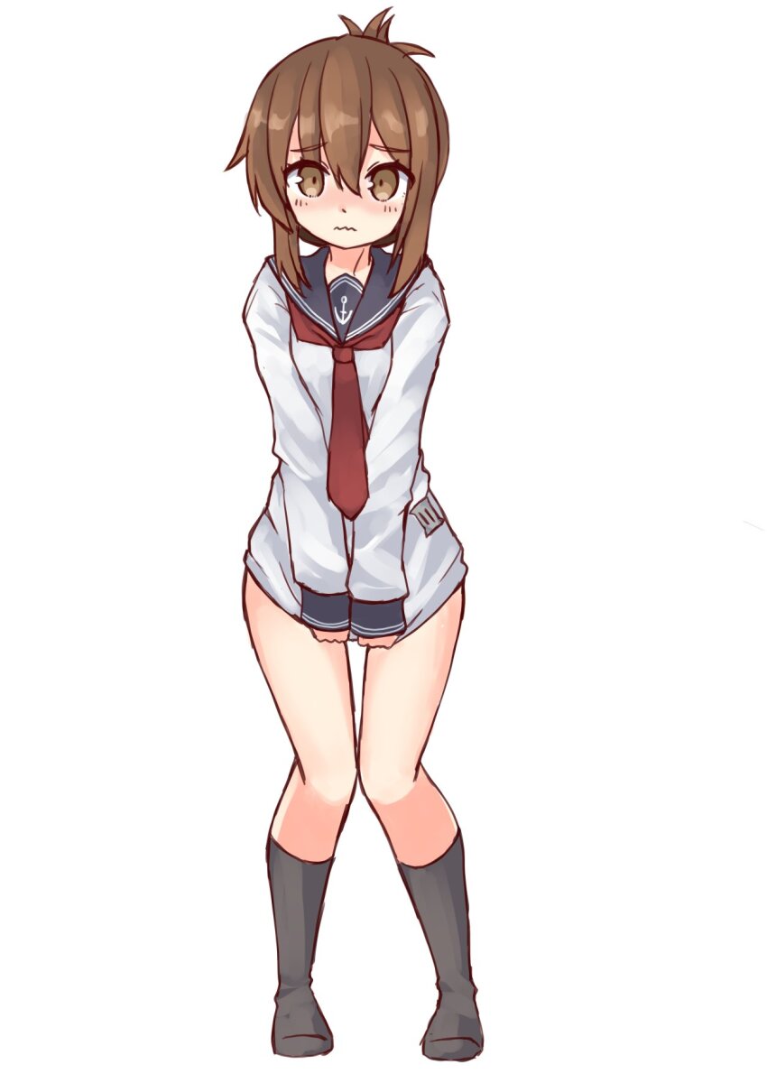 1girl, black_socks, blue_sailor_collar, brown_eyes, brown_hair, covering_crotch, covering_privates, folded_ponytail