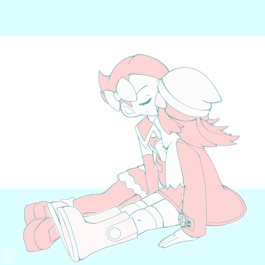 2girls, beanie, boots, bow, closed_eyes, coat, dawn_(pokemon), dress