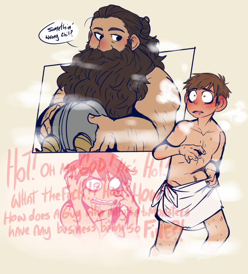 2boys, bara, beard, blush, chilchuck_tims, cropped_legs, drooling, dungeon_meshi, dwarf, english_text, facial_hair, fake_horns, full-face_blush, fungusfangs, hairy, helmet, highres, holding, holding_unworn_helmet, horned_helmet, horns, interracial, long_beard, male_focus, multiple_boys, mustache, panicking, red_theme, senshi_(dungeon_meshi), sideways_glance, sparse_leg_hair, speech_bubble, steam, thick_mustache, thought_bubble, unworn_helmet, very_long_beard, yaoi