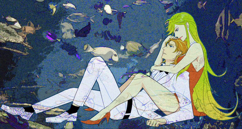 10s, 1boy, 1girl, alternate_hairstyle, blonde_hair, brief_(psg), couple, dress, fish, formal_clothes, freckles, hetero, hug, hug_from_behind, jewelry, makeup, orange_hair, outlawlaw, panty_&amp;_stocking_with_garterbelt, panty_(psg), tuxedo, water