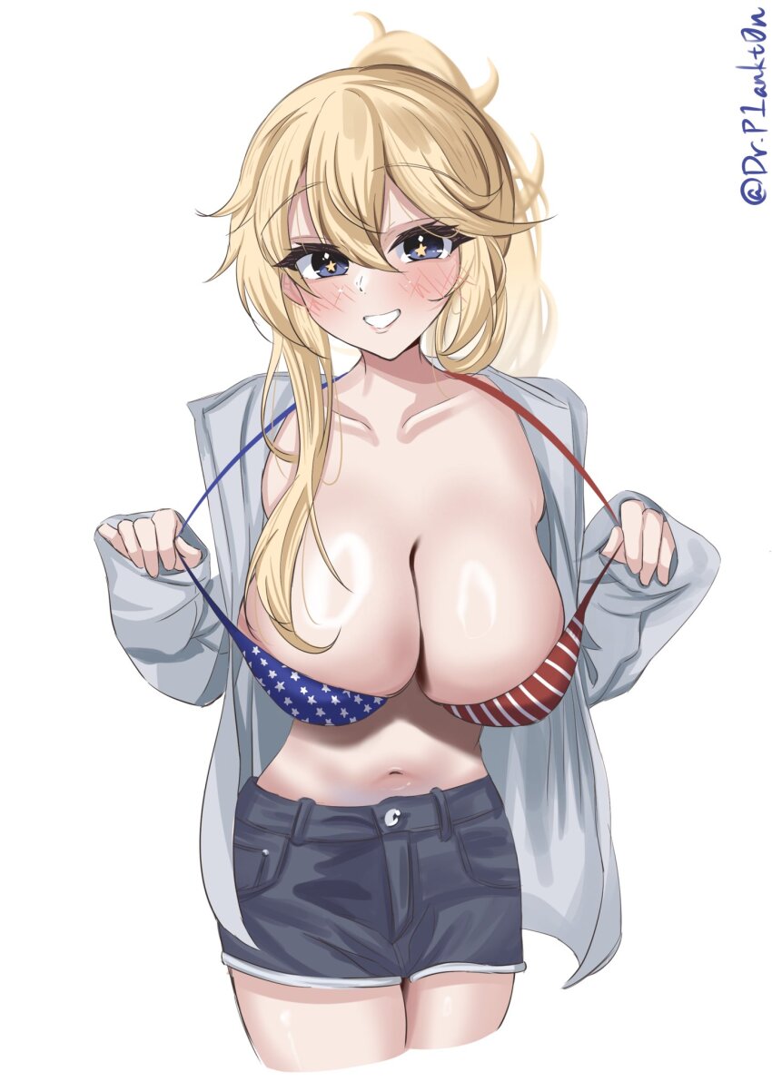 1girl, alternate_costume, alternate_hairstyle, american_flag, american_flag_bikini, american_flag_print, bikini, bikini_under_clothes