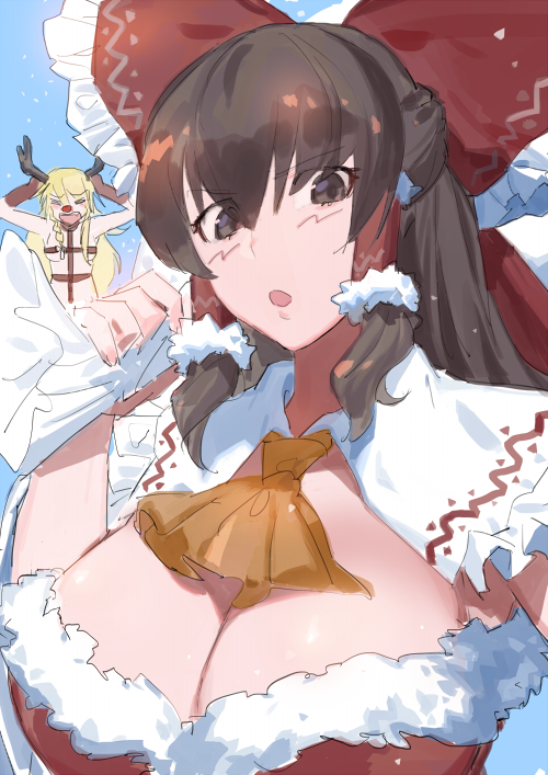 2girls, animal_costume, antlers, ascot, blonde_hair, blue_sky, blush, bow, breasts, brown_eyes, brown_hair, cleavage, commentary_request, cookie_(touhou), dress, eyes_visible_through_hair, fake_antlers, frilled_bow, frills, fur-trimmed_dress, fur_trim, hair_between_eyes, hair_bow, hakurei_reimu, half_updo, hands_on_own_head, horns, huge_breasts, kanna_(cookie), kebabu_01, kirisame_marisa, long_hair, looking_at_viewer, multiple_girls, open_mouth, orange_ascot, red_bow, red_dress, red_nose, reindeer_antlers, reindeer_costume, sidelocks, sky, snowing, solo_focus, strapless, strapless_dress, touhou, upper_body, uzuki_(cookie)