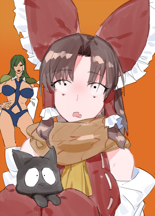 2girls, ascot, benikurage_(cookie), black_eyes, black_hat, blue_leotard, bow, breasts