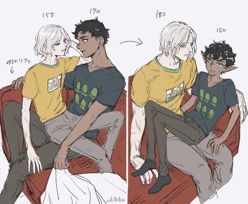 2boys, alternate_species, bags_under_eyes, black_eyes, black_hair, blue_eyes, curly_hair, dark-skinned_male
