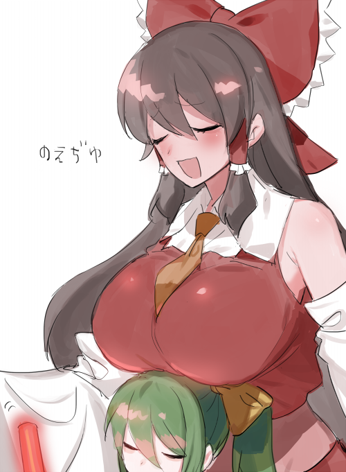 2girls, blush, bow, breast_rest, breasts, breasts_on_head, brown_hair, closed_eyes