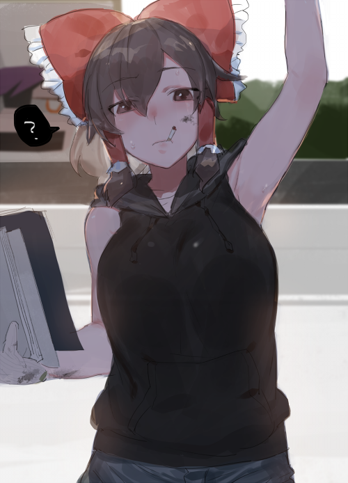 1girl, ?, arm_up, armpits, backlighting, black_hoodie, bow, breasts