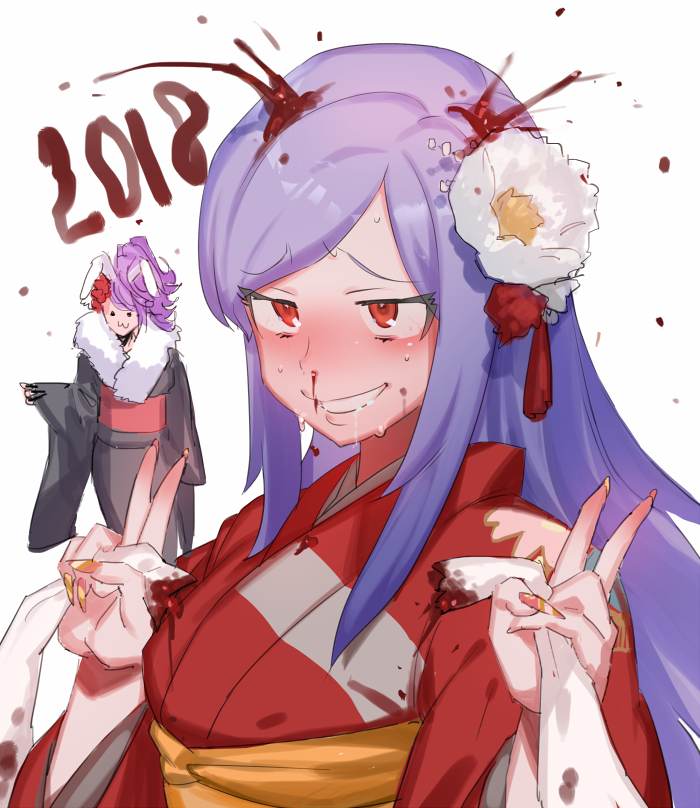 2018, 2girls, :3, animal_ears, black_kimono, blood, blush, commentary_request