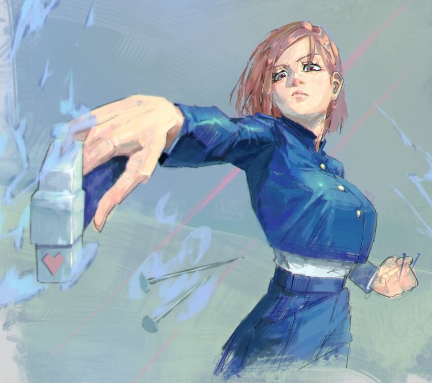 1girl, blue_jacket, blue_skirt, breasts, brown_eyes, brown_hair, buttons, closed_mouth, collared_jacket, hair_behind_ear, hammer, hand_up, highres, holding, holding_hammer, holding_nail, holo303, jacket, jujutsu_kaisen, jujutsu_tech_uniform, kugisaki_nobara, large_breasts, long_sleeves, medium_hair, nail_(hardware), pleated_skirt, shirt, skirt, solo, white_shirt