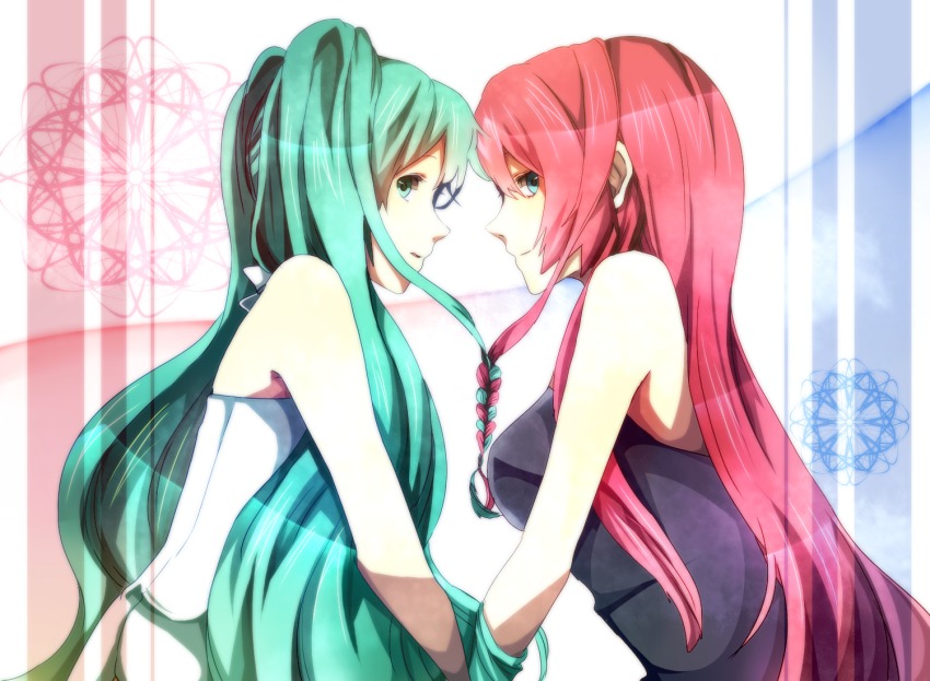 2girls, braid, hatsune_miku, long_hair, megurine_luka, multiple_girls, saori_(tennpura), vocaloid