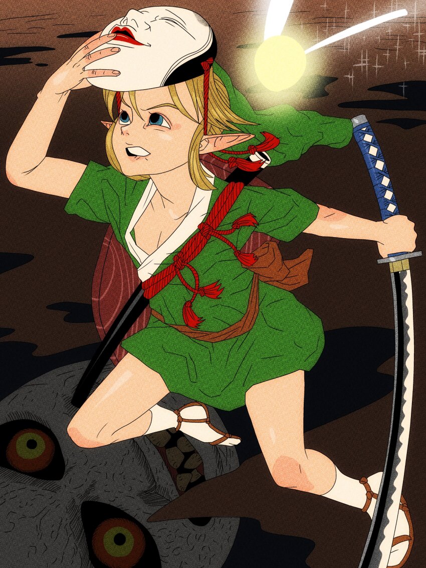 1boy, absurdres, bare_legs, biting_own_lip, blonde_hair, blue_eyes, deku_shield, fairy